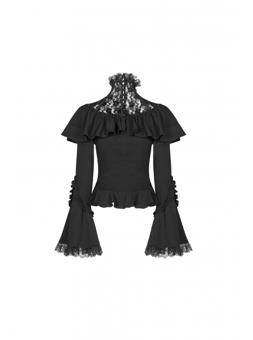 Lace High Collar Chest Frill Lace-Up Horn Sleeves Lace Cuff Short Black Gothic Lolita Blouse