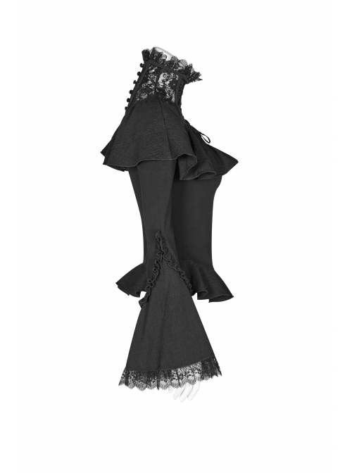 Lace High Collar Chest Frill Lace-Up Horn Sleeves Lace Cuff Short Black Gothic Lolita Blouse