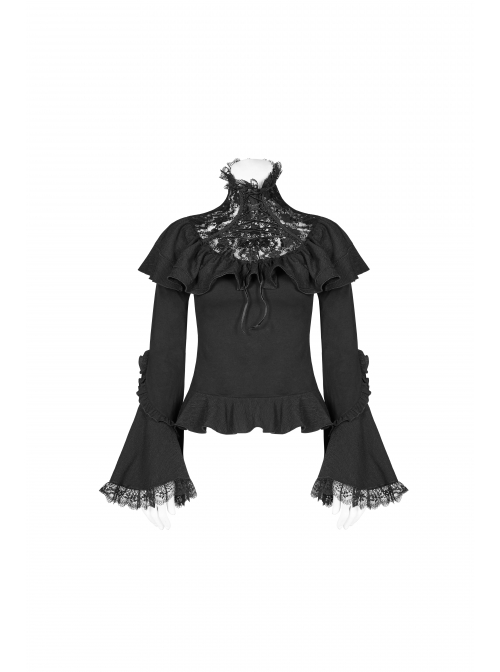 Lace High Collar Chest Frill Lace-Up Horn Sleeves Lace Cuff Short Black Gothic Lolita Blouse