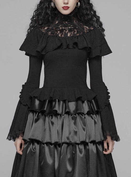 Lace High Collar Chest Frill Lace-Up Horn Sleeves Lace Cuff Short Black Gothic Lolita Blouse