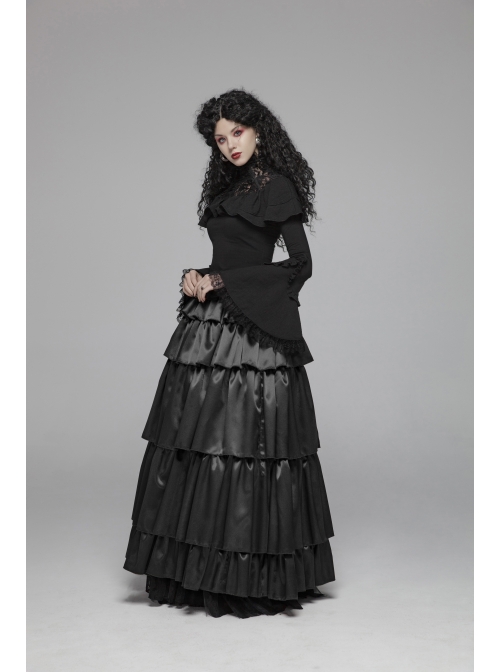 Lace High Collar Chest Frill Lace-Up Horn Sleeves Lace Cuff Short Black Gothic Lolita Blouse