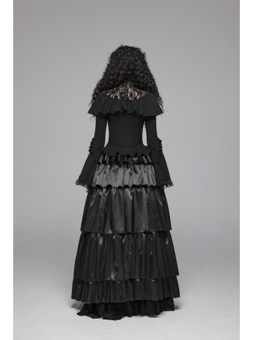 Lace High Collar Chest Frill Lace-Up Horn Sleeves Lace Cuff Short Black Gothic Lolita Blouse