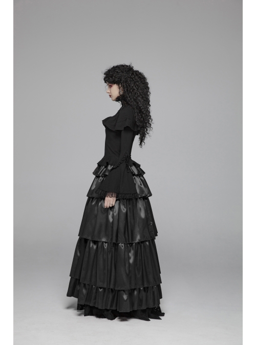 Lace High Collar Chest Frill Lace-Up Horn Sleeves Lace Cuff Short Black Gothic Lolita Blouse
