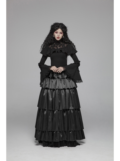 Lace High Collar Chest Frill Lace-Up Horn Sleeves Lace Cuff Short Black Gothic Lolita Blouse