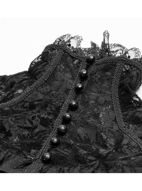 Lace High Collar Chest Frill Lace-Up Horn Sleeves Lace Cuff Short Black Gothic Lolita Blouse