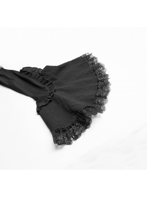 Lace High Collar Chest Frill Lace-Up Horn Sleeves Lace Cuff Short Black Gothic Lolita Blouse
