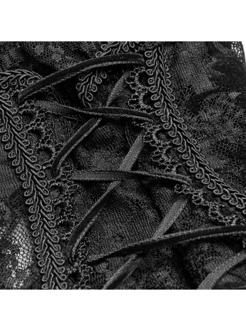 Lace High Collar Chest Frill Lace-Up Horn Sleeves Lace Cuff Short Black Gothic Lolita Blouse