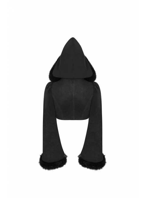 Black Lolita Imitation Rabbit Hair Chest Lace-Up Fur Ball Decoration Horn Sleeves Short Punk Hooded Blouse