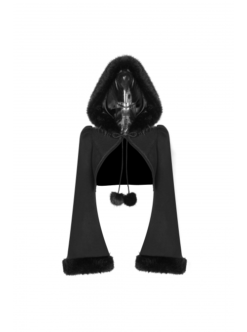 Black Lolita Imitation Rabbit Hair Chest Lace-Up Fur Ball Decoration Horn Sleeves Short Punk Hooded Blouse