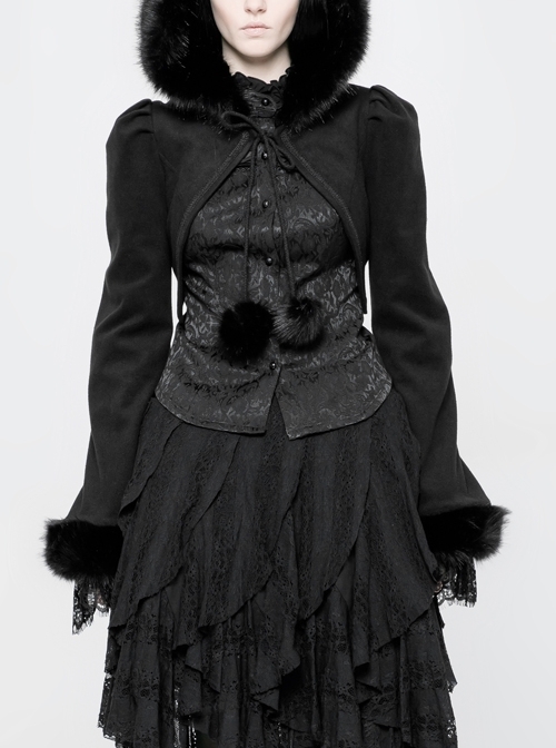 Black Lolita Imitation Rabbit Hair Chest Lace-Up Fur Ball Decoration Horn Sleeves Short Punk Hooded Blouse
