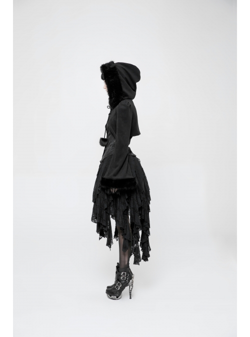 Black Lolita Imitation Rabbit Hair Chest Lace-Up Fur Ball Decoration Horn Sleeves Short Punk Hooded Blouse
