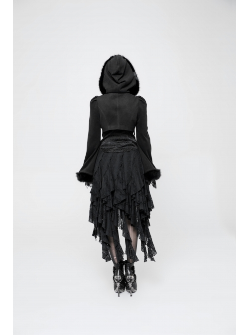 Black Lolita Imitation Rabbit Hair Chest Lace-Up Fur Ball Decoration Horn Sleeves Short Punk Hooded Blouse