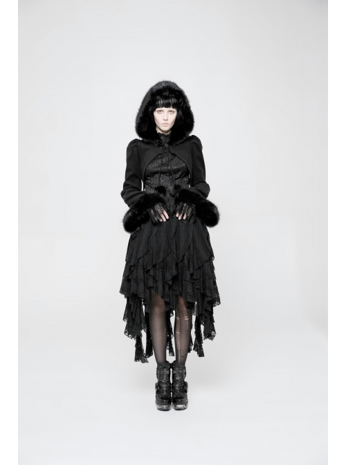 Black Lolita Imitation Rabbit Hair Chest Lace-Up Fur Ball Decoration Horn Sleeves Short Punk Hooded Blouse