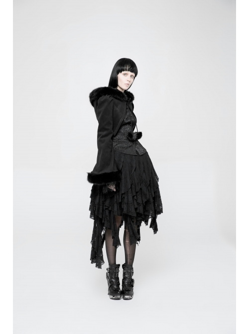 Black Lolita Imitation Rabbit Hair Chest Lace-Up Fur Ball Decoration Horn Sleeves Short Punk Hooded Blouse