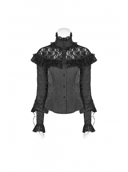 Micro-Gloss Woven High Collar Chest Splice Lace Long Sleeves Lace-Up Black Gothic Lolita Blouse