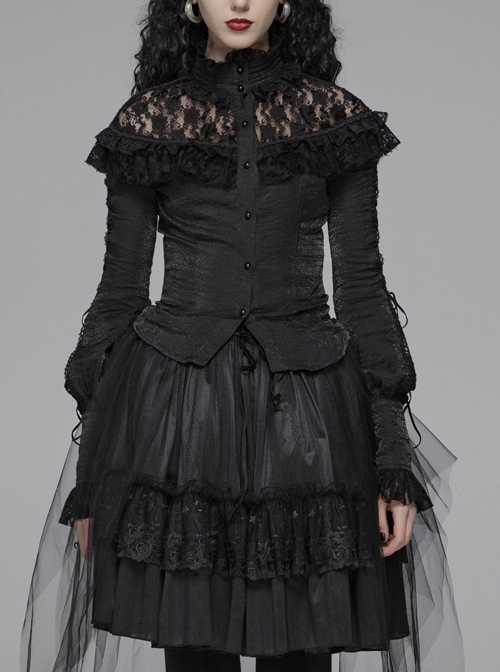 Micro-Gloss Woven High Collar Chest Splice Lace Long Sleeves Lace-Up Black Gothic Lolita Blouse