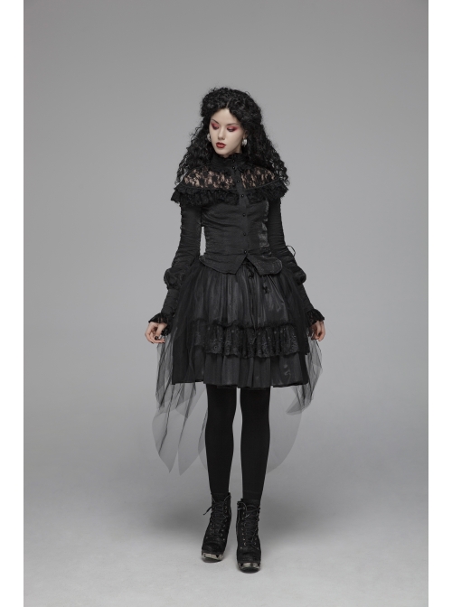 Micro-Gloss Woven High Collar Chest Splice Lace Long Sleeves Lace-Up Black Gothic Lolita Blouse