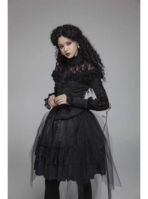 Micro-Gloss Woven High Collar Chest Splice Lace Long Sleeves Lace-Up Black Gothic Lolita Blouse