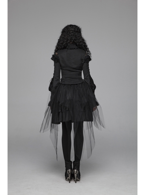 Micro-Gloss Woven High Collar Chest Splice Lace Long Sleeves Lace-Up Black Gothic Lolita Blouse