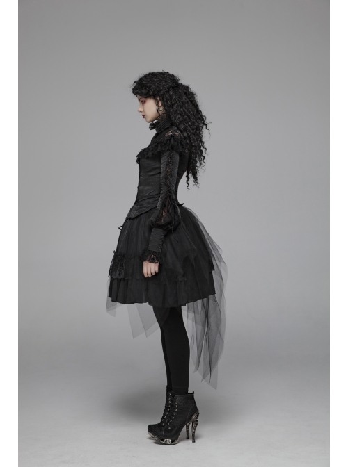 Micro-Gloss Woven High Collar Chest Splice Lace Long Sleeves Lace-Up Black Gothic Lolita Blouse