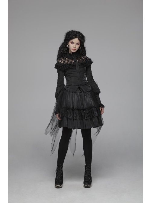 Micro-Gloss Woven High Collar Chest Splice Lace Long Sleeves Lace-Up Black Gothic Lolita Blouse