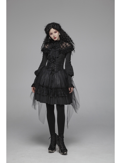 Micro-Gloss Woven High Collar Chest Splice Lace Long Sleeves Lace-Up Black Gothic Lolita Blouse