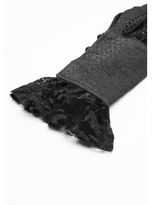 Micro-Gloss Woven High Collar Chest Splice Lace Long Sleeves Lace-Up Black Gothic Lolita Blouse