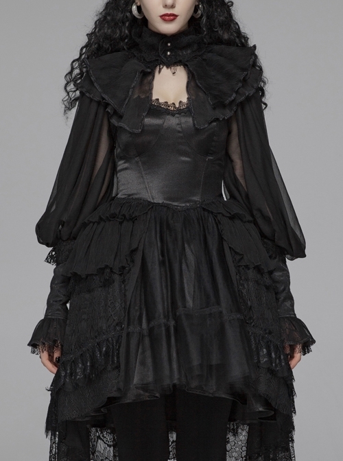 Irregular Texture Net Splice Delicacy Jacquard High Collar Big Puff Sleeves Lace Cuff Black Gothic Lolita Blouse