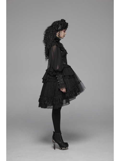 Irregular Texture Net Splice Delicacy Jacquard High Collar Big Puff Sleeves Lace Cuff Black Gothic Lolita Blouse