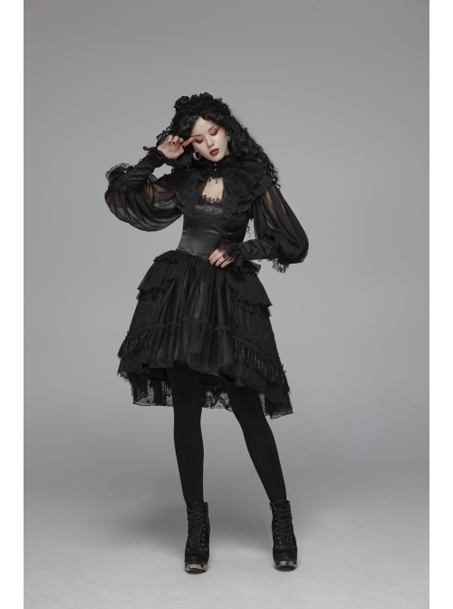 Irregular Texture Net Splice Delicacy Jacquard High Collar Big Puff Sleeves Lace Cuff Black Gothic Lolita Blouse