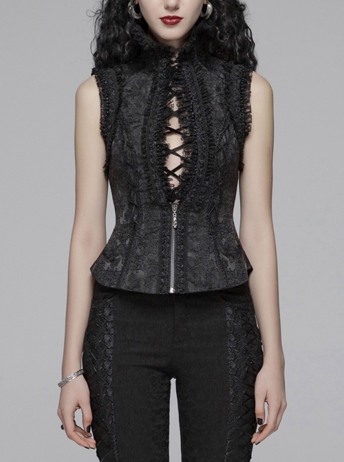 Jacquard High Collar Chest Hollow-Out Lace-Up Frill Lace Back Lace-Up Black Gothic Lolita Waistcoat