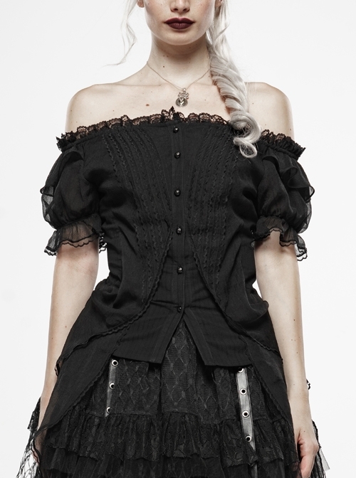 Black Lolita Off-Shoulder Carved Button Lantern Sleeves Back Lace-Up Chiffon Lace Hem Gothic Blouse