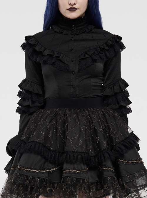 Imitation Satin Woven High Collar Chest Frill Small Puff Sleeves Lace Cuff Back Lace-Up Black Gothic Blouse