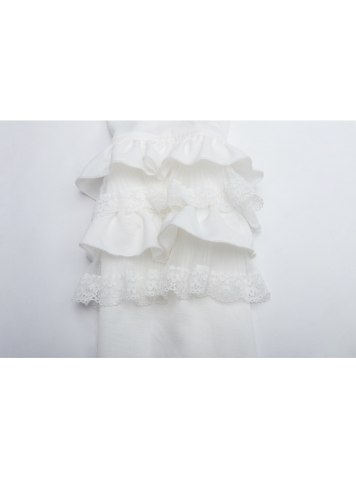 Imitation Satin Woven High Collar Chest Frill Small Puff Sleeves Lace Cuff Back Lace-Up White Gothic Blouse