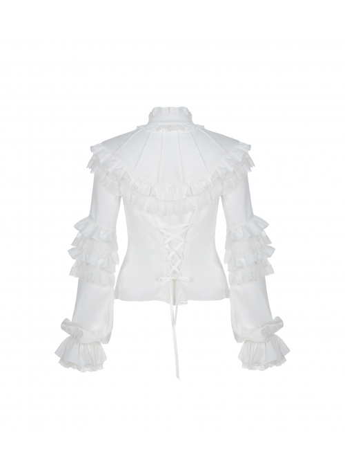 Imitation Satin Woven High Collar Chest Frill Small Puff Sleeves Lace Cuff Back Lace-Up White Gothic Blouse