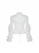 Imitation Satin Woven High Collar Chest Frill Small Puff Sleeves Lace Cuff Back Lace-Up White Gothic Blouse