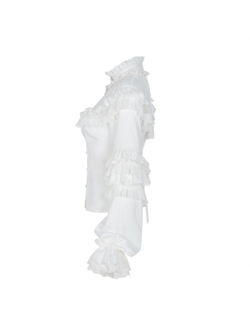 Imitation Satin Woven High Collar Chest Frill Small Puff Sleeves Lace Cuff Back Lace-Up White Gothic Blouse