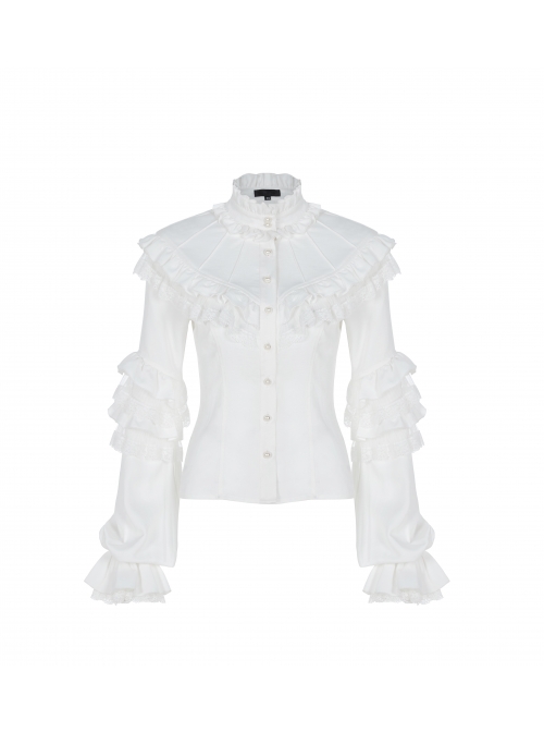 Imitation Satin Woven High Collar Chest Frill Small Puff Sleeves Lace Cuff Back Lace-Up White Gothic Blouse