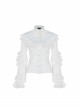 Imitation Satin Woven High Collar Chest Frill Small Puff Sleeves Lace Cuff Back Lace-Up White Gothic Blouse