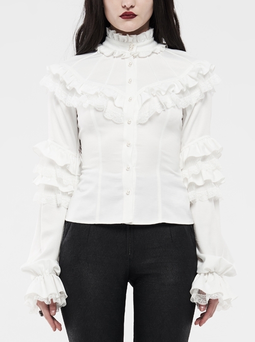 Imitation Satin Woven High Collar Chest Frill Small Puff Sleeves Lace Cuff Back Lace-Up White Gothic Blouse