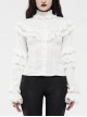 Imitation Satin Woven High Collar Chest Frill Small Puff Sleeves Lace Cuff Back Lace-Up White Gothic Blouse