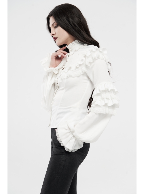 Imitation Satin Woven High Collar Chest Frill Small Puff Sleeves Lace Cuff Back Lace-Up White Gothic Blouse