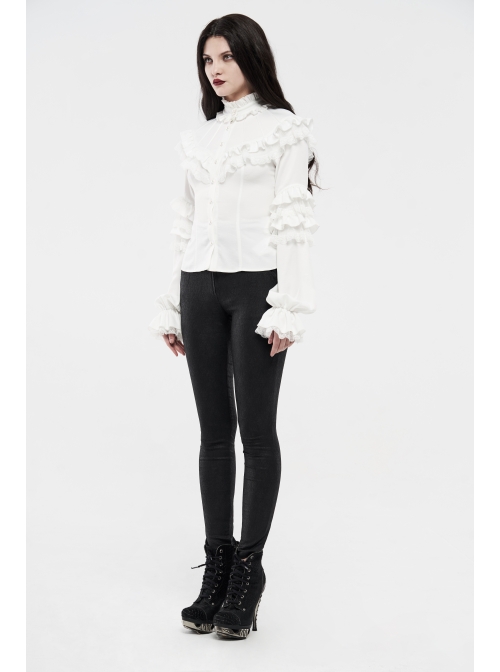 Imitation Satin Woven High Collar Chest Frill Small Puff Sleeves Lace Cuff Back Lace-Up White Gothic Blouse