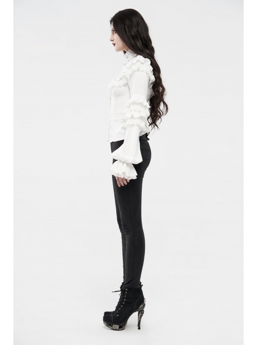 Imitation Satin Woven High Collar Chest Frill Small Puff Sleeves Lace Cuff Back Lace-Up White Gothic Blouse