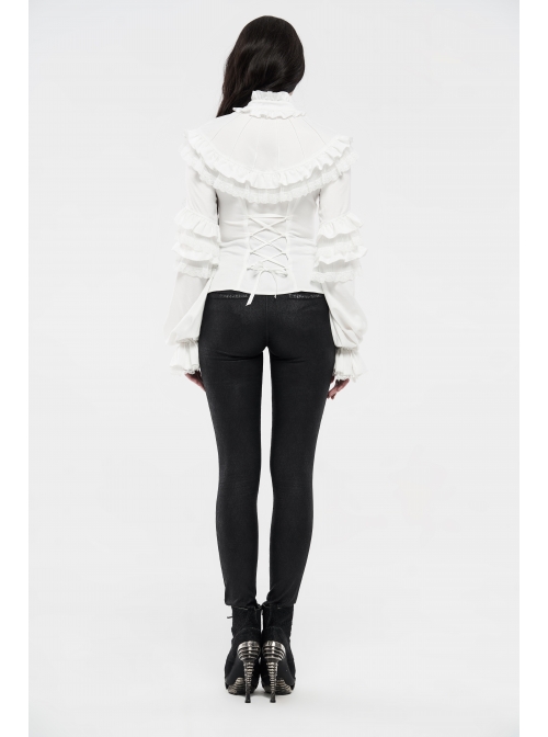 Imitation Satin Woven High Collar Chest Frill Small Puff Sleeves Lace Cuff Back Lace-Up White Gothic Blouse