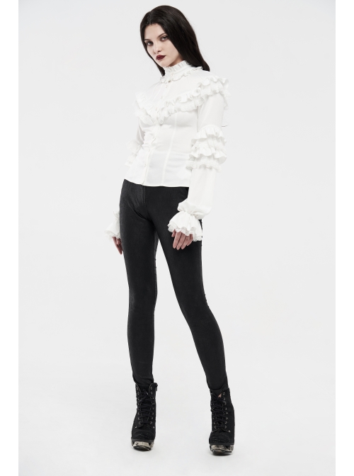 Imitation Satin Woven High Collar Chest Frill Small Puff Sleeves Lace Cuff Back Lace-Up White Gothic Blouse