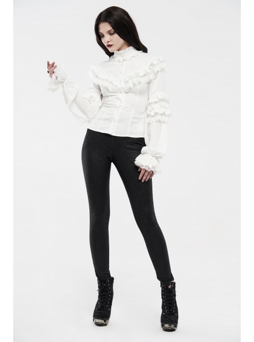 Imitation Satin Woven High Collar Chest Frill Small Puff Sleeves Lace Cuff Back Lace-Up White Gothic Blouse