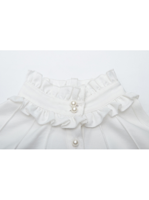 Imitation Satin Woven High Collar Chest Frill Small Puff Sleeves Lace Cuff Back Lace-Up White Gothic Blouse