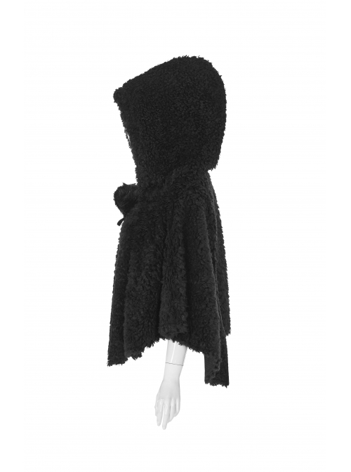 Plush Heart-Shaped Hollow-Out Ball Cap Rope Irregular Hem Black Gothic Lolita Hooded Cape