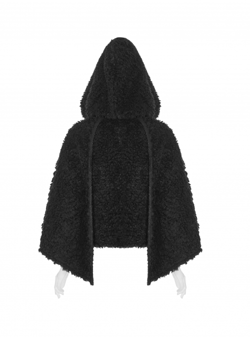 Plush Heart-Shaped Hollow-Out Ball Cap Rope Irregular Hem Black Gothic Lolita Hooded Cape